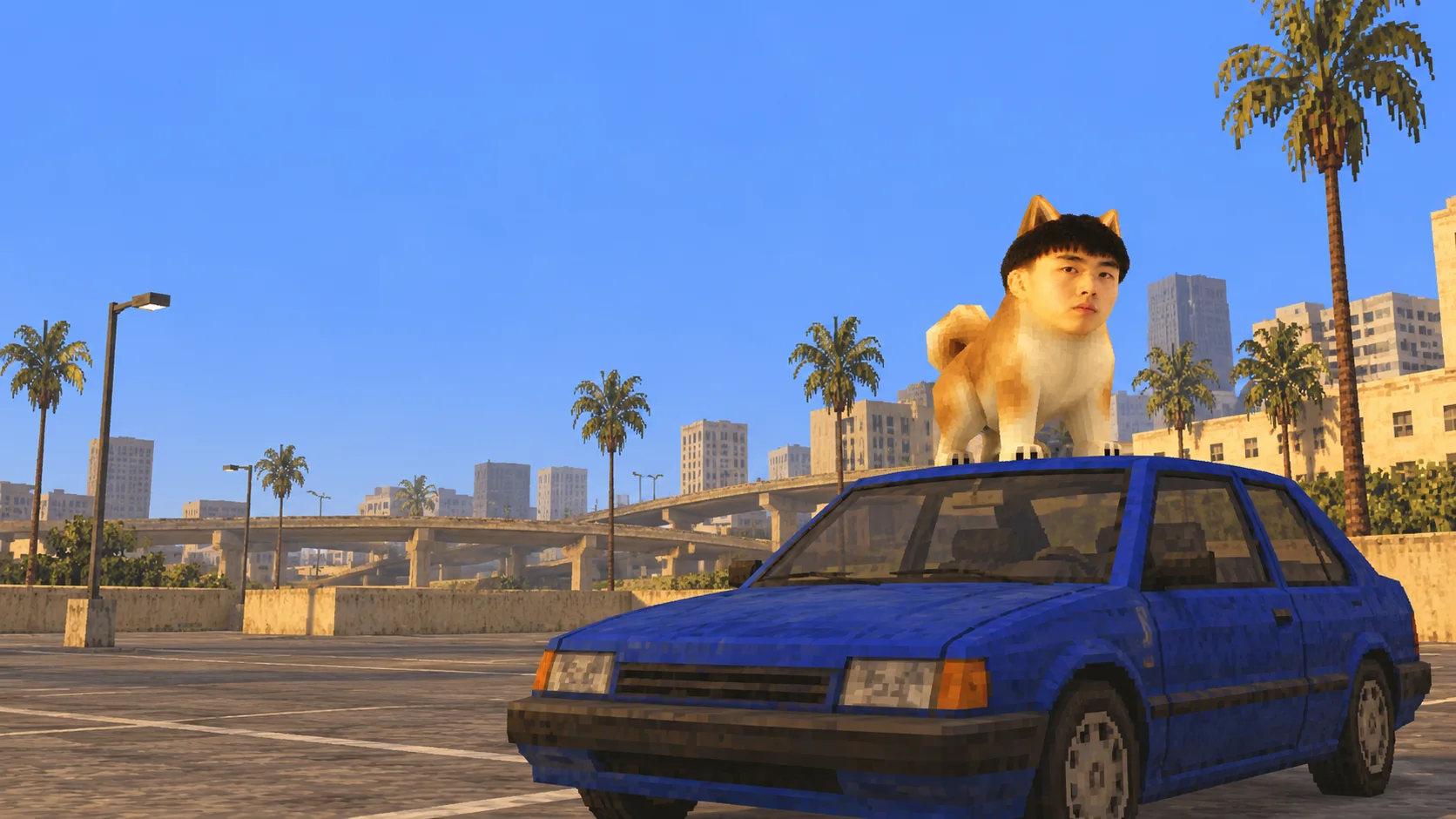 KIMCHIPE standing on the roof of a blue car in a sunny city