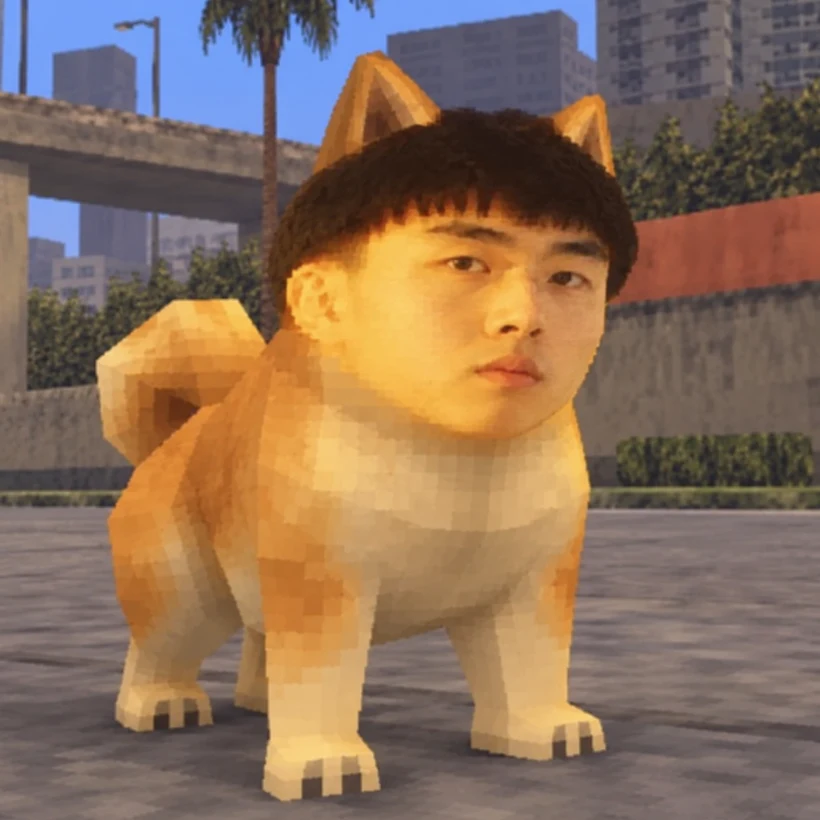 KIMCHIPE — a low-poly shiba body with Kimchi's face, standing on a city street